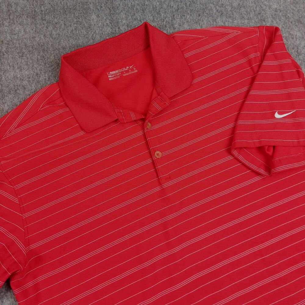 Nike Fit Dry Golf Polo Shirt Men's Large Red Striped Short Sleeve Swoosh